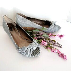 Moda Reflex Cork Wedge Peep Toe Shoes 9.5M Navy White Stripe Fabric